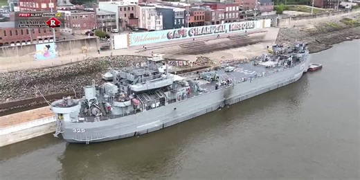 DRONE12: USS LST Ship Memorial docks in Cape Girardeau