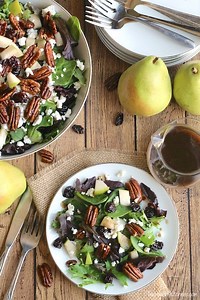 Salad with Goat Cheese, Pears, Candied Pecans and Maple-Balsamic Dressing