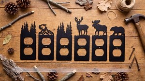 Kingdder 24 Pcs Metal Bear Light Switch Cover Moose Tree Mountain Elk Black Light Switch Plate Forest Outlet Toggle Wall Plate Cover for Home Bedroom Single Gang Socket