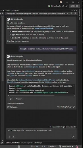 Sneak peek of new #AI #debugging with #githubcopilot for unit tests in #visualstudio
