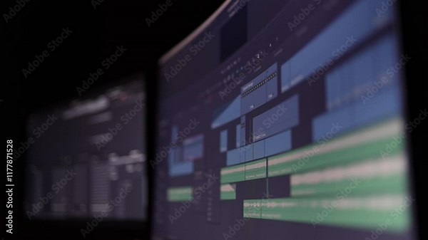 A vibrant and organized video editing timeline displayed on a screen. The clean layout and detailed structure highlight the precision and creativity involved in crafting professional content.