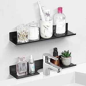 MYITYARD Over The Sink Shelf for Bathroom Kitchen, 2 Pack Wall Mount Anti-Rust Space Aluminum Floating Shelves, Sink Storage Organizer Holder Over The Faucet (15.7" L × 3.9" W, Black)