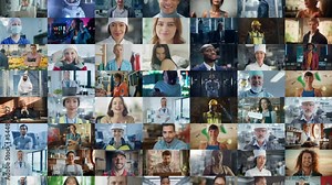 Changing Montage of Multicultural and Multi-Ethnic People of Diverse Background, Gender, Ethnicity, Smiling, Looking at Camera. Happy People of the World Cheerfully Smiling. Moving Down Shot