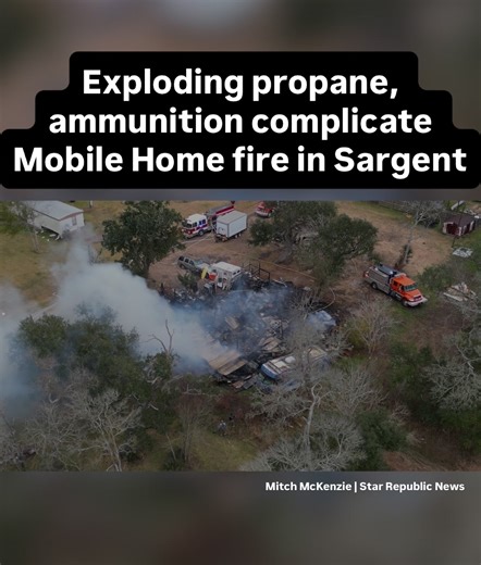 41K views · 110 reactions | A mobile home fire reported just before 5 a.m. Wednesday last week prompted a multi-hour response from fire departments across Matagorda County, with crews battling hazardous conditions that included exploding propane and ammunition. According to the Sargent Volunteer Fire Department, firefighters worked until after 9 a.m. to extinguish the blaze. Link in comments‼️ | The Bay City Tribune | Facebook