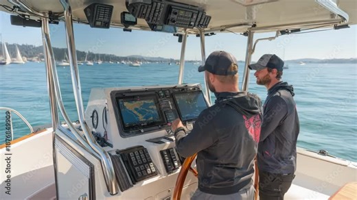 Medium shot capturing technicians monitoring and finetuning trim tabs on a boat to optimize vessel trim and prevent listing.