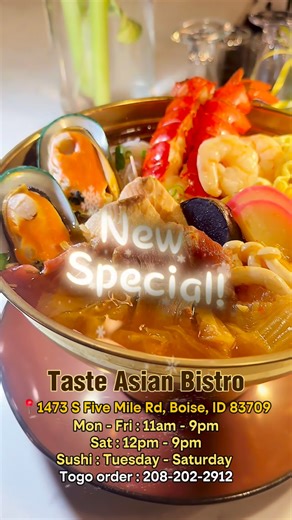 Taste Asian Fusion Bistro on Instagram: "🇯🇵Kimchi Nabe🇯🇵 a popular Japanese-style hot pot in a mild kimchi broth. Packed with lobster tail, sliced beef, green mussels, salmon, shrimps, narutomaki (fish cake), konjac, white beech mushrooms, and fingerling potatoes, served with onsen eggs on top. at Taste Asian Fusion Bistro, Boise. Available for dine-in or to-go! Mon-Fri : 11am - 9pm. Sat : 12pm - 9pm. Happy hour from 3 to 6pm. Make a reservation online at www.tasteboise.com and www.opentable