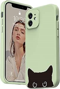 for iPhone 12 Case with Fashionable Cute Designs for Women and Girls,Silicone Gel Rubber Cover with Camera Lens Protector Protective Phone Case for iPhone 12 6.1" Tea Green w/Cat