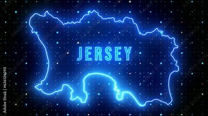 Futuristic Blue Shine Jersey Outline Map And Label Text Glowing Neon Light Flare Motion Reveal With Stars Sparkle Grid Background, 5-10 Seconds Seamless Loop