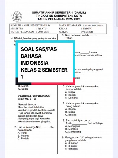 Prediksi Soal SAS/PAS Bahasa Indonesia Kelas 2 Semester 1