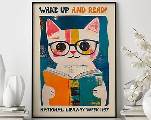 Cat Reading Art Print, Library Wall Decor, Framed Poster - Etsy