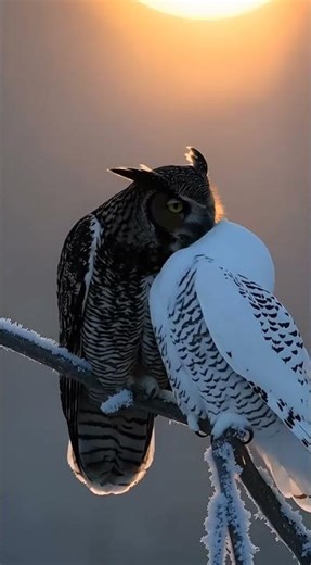 Yin & Yang Owls Snuggling Under a Golden Winter Sunrise ❤️🦉 #4knature #birds #birdsong #ai #nature