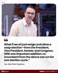 2.9M views · 12K reactions | SNAP ELECTIONS PARA IBALIK ANG TIWALA SA GOBYERNO Sa isang Facebook post, iminungkahi ni Sen. Alan Peter Cayetano na mag-resign ang lahat ng elected national officials, kabilang na ang Presidente, Bise Presidente, mga senador at mga kongresista, para magbigay-daan sa isang snap election. Aniya, ‘No drama, no excuses, no recycling. Just a clean slate for the Filipino people.’ | GMA Public Affairs | Facebook