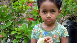 A boy is eating a Banana with her mouth full in the garden. Asian little boy eating fresh Banana fruit. Concept of children eating healthy fresh fruits. 4k video closeup views.