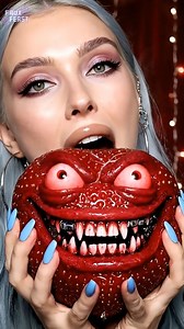 Sweet? Not this time 🍓😈✨ An angry, evil-looking strawberry' eyes narrowed, grin sharp, daring me to take a bite. One crunch and it went silent… still juicy, still sweet, just a little cursed. 👀💎 Would you eat it… or run from it? #strawberry #fantasyasmr #spookyasmr #asmreating #oddlysatisfying | Faux Feast