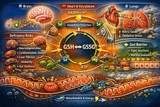 🟦🧬 GLUTATHIONE — The Master Redox Currency of Human Biology Root-Cause Medicine • Systems Biology • Terrain Optimization ⸻ 🟦 1) Glutathione Production Throughout the Body (Endogenous synthesis, not a dietary vitamin) 🔑 Glutathione (GSH) is synthesized inside nearly every nucleated cell. High-demand organs include: 🧠 Brain (neurons astrocytes) 🫀 Heart & vasculature 🫁 Lungs 🧫 Immune cells 🧪 Kidneys 🧬 Liver (highest absolute production) 🔹 Core Synthesis Pathway (2-step, ATP-dependent) 1.