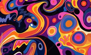 Abstract art with colorful swirling shapes and circles.