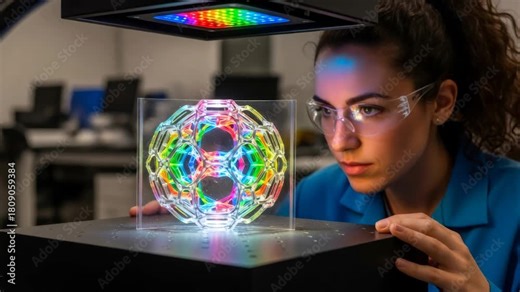 Woman scientist using advanced augmented reality bioprinting technology to analyze a complex iridescent molecular structure in a research lab.