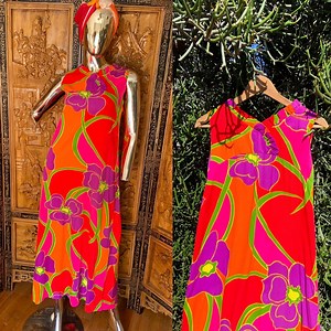 Vintage Hawaiian Muumuu Dayglo Dress With Waterfall Back by Malihini Hawaii - Etsy