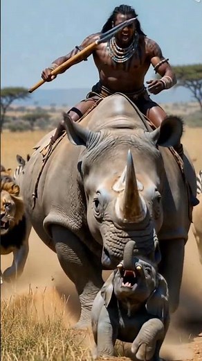 Epic 8K Wildlife Battle: Tribal Warrior Riding Rhino vs Lions & Elephant | Ultra-Realistic CGI Scene