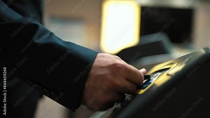 Closeup of multicultural passengers hands scan coin walking through the turnstiles to enter by using public transport such as sky train, subway, tube surrounded by people. Working routine. Exultant.