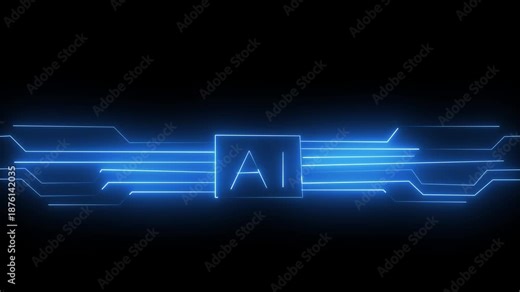 Minimal chip icon with AI text and circuit lines icon animation.Glowing neon AI circuit board background. Computer motherboard with a chip, Processor with artificial intelligence AI.
