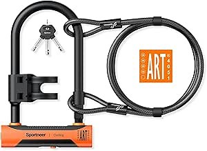 Sportneer Bike Lock - 18mm Shackle Heavy Duty Anti Theft Bike U Locks with 6ft Security Steel Cable - Bicycle U-Locks with Keys & Sturdy Mounting Bracket for Road, Mountain, Electric & Folding Bike