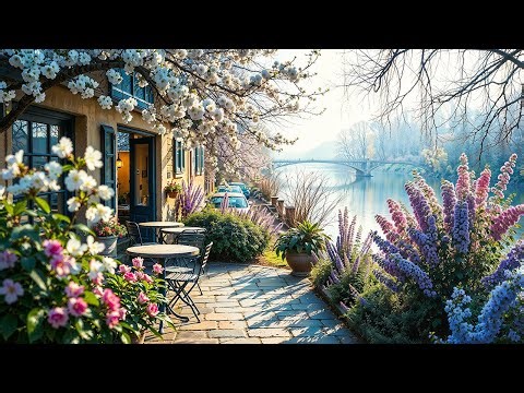 Springtime Street & Smooth Spring Jazz Music at Outdoor Coffee Shop Ambience for Relax, Good Mood