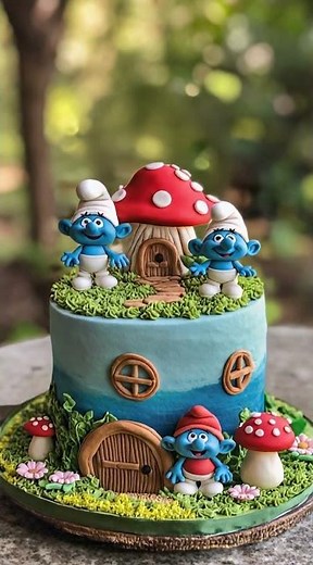 Magical Smurfs Birthday Cake 🎂💙 Papa Smurf, Smurfette & Mushroom Village Fun!