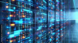 big data connection technology concept with yellow light and bright blue background seamless looping overlay 4k virtual video animation background