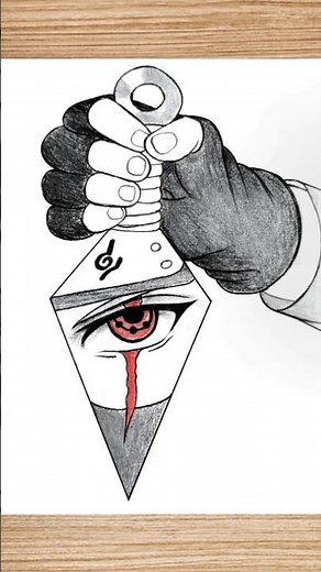 Kakashi’s hand holding a kunai with a red Sharingan