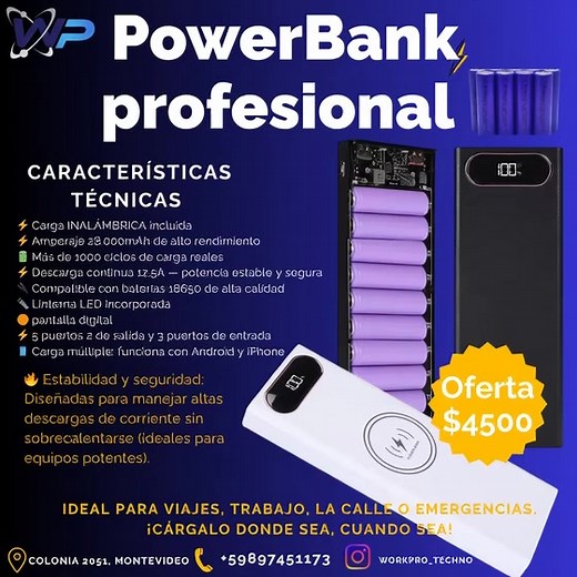 ✨ PowerBank profesional: potencia real para tu día a día ⚡ ¿Viajas, trabajas mucho o necesitas energía confiable en cualquier momento? Este power bank es tu mejor aliado: alta descarga, carga inalámbrica, linterna y más.  Oferta especial: $4500  ¡No te quedes sin batería nunca más!  Colonia 2051, Montevideo  +598 97 451 173  Envíos a todo el país | Work Pro Technology | Facebook