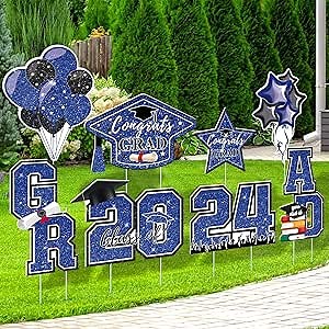 EIMMBD Graduation Yard Sign 2024, 8pcs Large Graduation Decorations Class of 2024 Yard signs with Stakes for High School College Grad Party Display Indoor or Outdoor(Blue,Black,White)