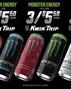 Kwik Trip is rolling out with a 🔥 deal! All 12oz Monster Energy drinks are 3 for $5.50! Download the Kwik Trip app to redeem in store! | Monster Energy