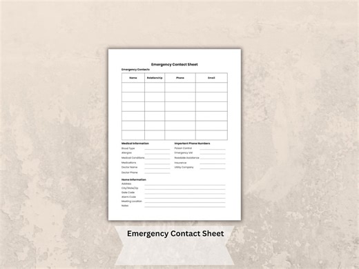 Emergency Contact Sheet Printable, Emergency Info Form, Important Contacts, Medical Info Sheet, Home Binder Printable PDF