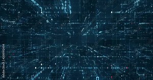 Digital binary code background loop - Fly through abstract 3D rendering of a scientific technology data binary code network conveying connectivity, complexity and data flood of modern digital age