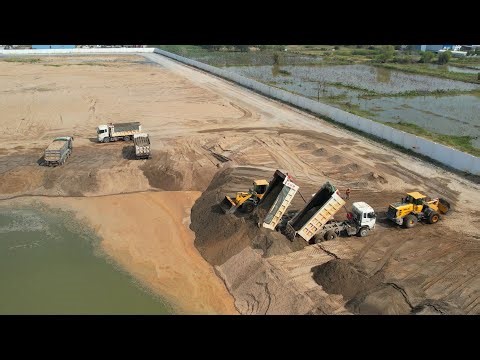 Action Landfill! Smart Sand Filling Up Wheel Loader pushes sand , Truck 25.5Ton Dumping Soil