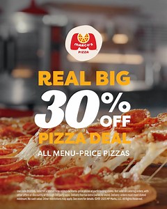Any size, any topping, any menu-price pizza-all 30% off. Real quality, real variety, a real big deal. Use code: BIGDEAL. Valid for a limited time on regular menu-price pizzas at participating stores. Not valid on catering orders, with other offers or discounts, or through 3rd party apps. Delivery fee/tax extra (varies by store). Delivery orders must meet stated minimum. No cash value. Other restrictions may apply. See store for details. ©/® 2025 MP Marks, LLC. All Rights Reserved. | Marco's Pizz