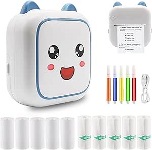 Thermal Mini Printer, Mini Sticker Maker Machine with 11 Rolls Paper, for Study Notes, Pictures, Photos, Journals, DIY, Kids Gift,Label, Blue, Compatible with iOS & Android