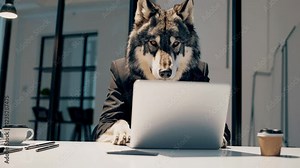 Professional hybrid executive types at white workstation. Anthropomorphic gray wolf character in formal business wear manages digital tasks at contemporary desk setup. Static frontal composition
