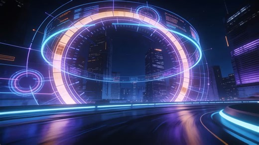 Forming holographic ring reacting to camera tracking along neon roadway, pulsing then collapsing | Premium Stock Video Footage