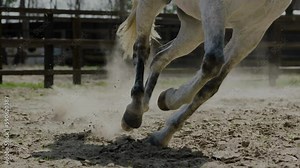 Horse hooves run through sand in slow motion HD. Long shot tracking of horse hooves in focus while plow through sand while galloping. Close up shot.