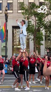 The charitable cheerleaders of the city, CHEER SF, were tossing and twirling on Market Street for the 2024 San Francisco Pride Parade! https://abc7ne.ws/3VMXPlx | ABC7 News