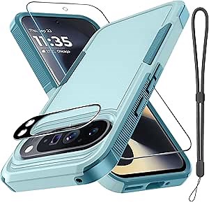 RMOCR Case for Google Pixel 9 Pro XL, Full Body Heavy Duty Rugged Shockproof Protective Phone Cover with Lanyard Strap, Tempered Glass Screen Protector and Camera Lens Cover, Mint Green