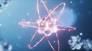 Physics atom with dark blue background, 3d rendering.