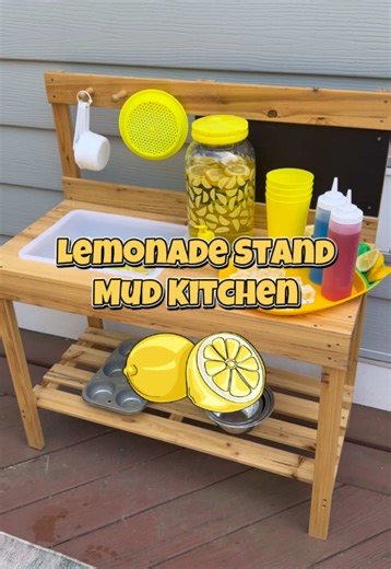 Lemonade Stand Mud Kitchen 🍋 Grab your lemons and water for this cheap and easy mud kitchen set up! Add spoons, measuring cups, a drink dispenser, ice cubes, etc. I added blue and red water for the “strawberry” and “blueberry” syrups. Honestly, my kids could play with this for hours. They went around and took everyone’s orders multiple times! No doubt, a perfect summer activity! #summeractivities #toddleractivities #toddlersoftiktok #activitiesforkids #kidactivities