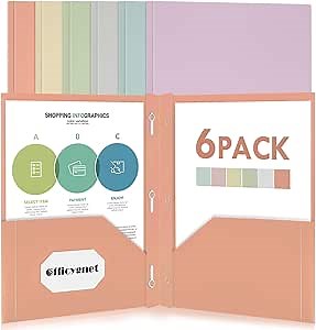 Officygnet 6 Packs Plastic Folders with Pockets and Prongs Fastener, 2 Pocket Heavy Duty File Folders for Office School Supplies, Muted Pastel Colors, Two Pocket Folders for Letter Size Sheets