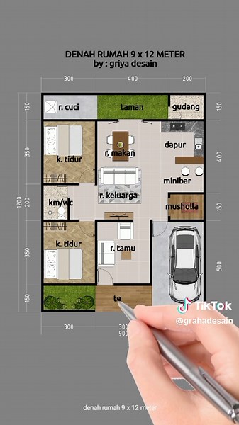 denah rumah minimalis ukuran 9x12 meter dengan 2 kamar tidur #denahrumah #rumahminimalis
