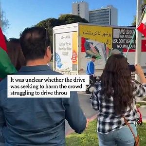 On Sunday, a man in a U-Haul truck drove through a group of people in Los Angeles marching in support of the antigovernment protests in Iran. The police detained the driver of the vehicle, which hit one person, who did not suffer significant injuries, a spokesman for the Los Angeles Police Department said. Read more: https://nyti.ms/4pxKU3t | The New York Times
