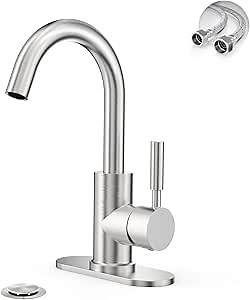 Phiestina Bathroom Sink Faucet,Single-Handle Bathroom Faucet with 4 Inch Deck Plate and Metal Drain, Fit for 1 or 3 Hole Installation, 360 Degree Rotation Spout, Brushed Nickel, WE08E-BN