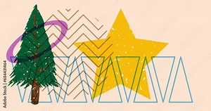 Risograph Pine Tree with geometric shapes animation. Moving holiday object in trendy riso graph design video.